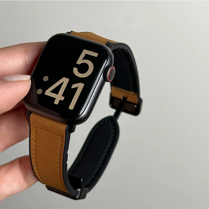 Leather+Silicone Strap For Apple Watch Band Ultra 49mm 44mm 45mm 41mm 46mm 40mm 42mm Magnetic Bracelet iwatch Series 10 9 8 7 6