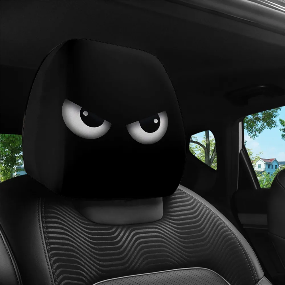 2PCS Funny Slanted Eyes Cartoon Print Car Headrest Cover for Halloween Christmas Holiday Automobile Interior Decoration