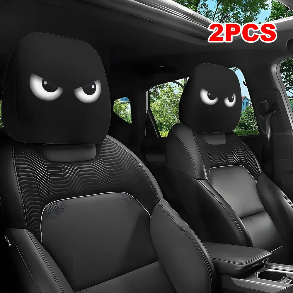 2PCS Funny Slanted Eyes Cartoon Print Car Headrest Cover for Halloween Christmas Holiday Automobile Interior Decoration