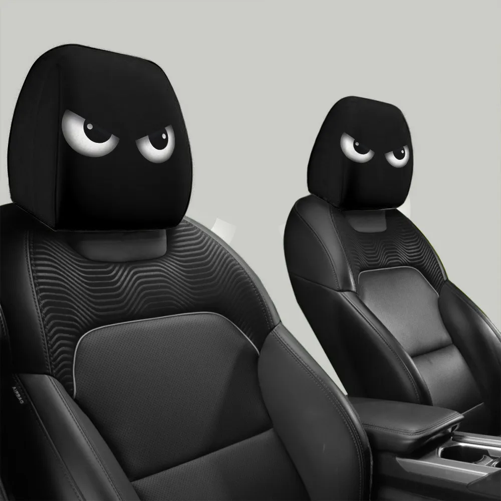2PCS Funny Slanted Eyes Cartoon Print Car Headrest Cover for Halloween Christmas Holiday Automobile Interior Decoration