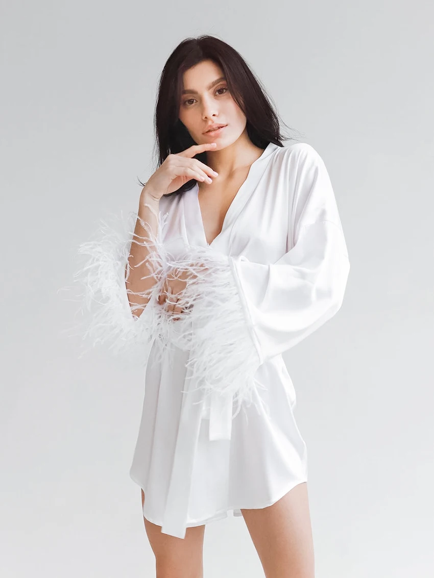 Feather Bathrobes Satin Sexy Mini Dress Long Sleeve Loose Peignoirs For Women Robe White Wedding Dress Black Bride Dresses