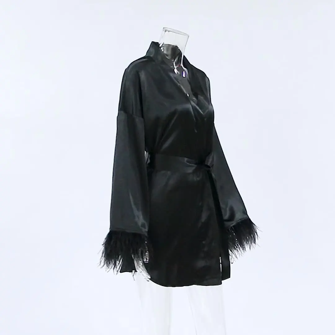 Feather Bathrobes Satin Sexy Mini Dress Long Sleeve Loose Peignoirs For Women Robe White Wedding Dress Black Bride Dresses