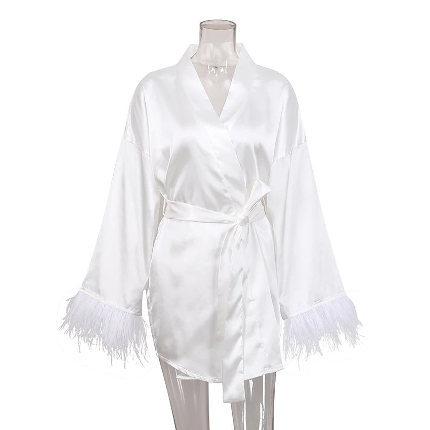 Feather Bathrobes Satin Sexy Mini Dress Long Sleeve Loose Peignoirs For Women Robe White Wedding Dress Black Bride Dresses