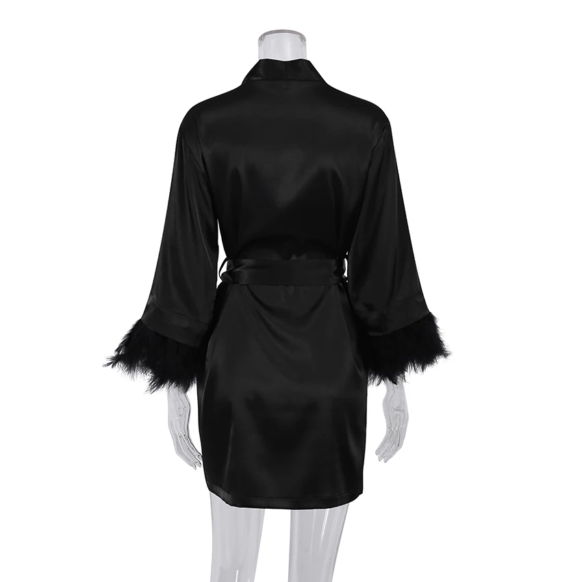 Feather Bathrobes Satin Sexy Mini Dress Long Sleeve Loose Peignoirs For Women Robe White Wedding Dress Black Bride Dresses