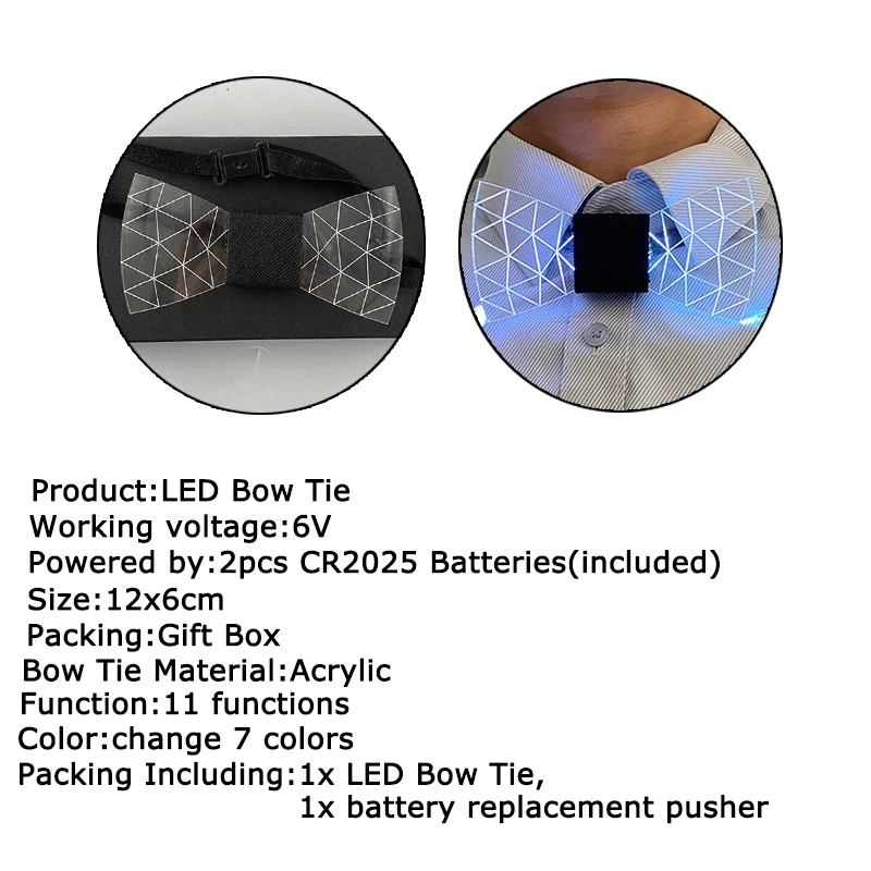 LED Acrylic Bow Tie Light up LED Men Bow Tie Luminous Bow Tie Costume Men Ties DJ Dance Glow Decoration Novelty Gift LED Cravat