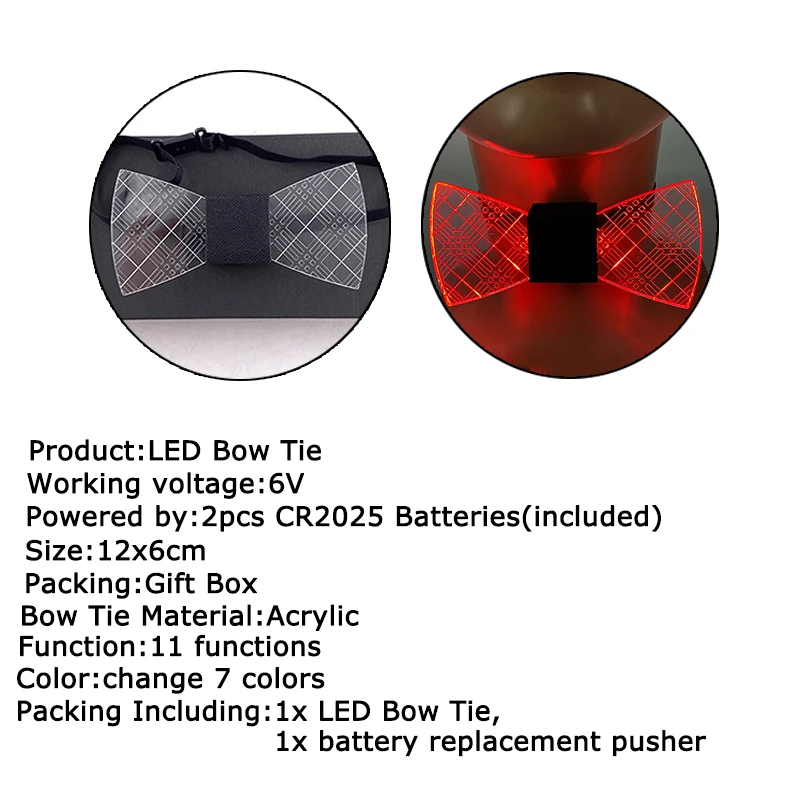 LED Acrylic Bow Tie Light up LED Men Bow Tie Luminous Bow Tie Costume Men Ties DJ Dance Glow Decoration Novelty Gift LED Cravat