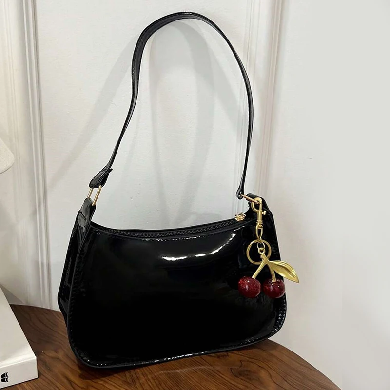 Women's PU Leather Handbag Versatile Fashion Solid Color Cherry Pendant Shoulder Bag Casual Commuting Bag Underarm Bag