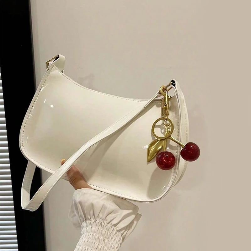 Women's PU Leather Handbag Versatile Fashion Solid Color Cherry Pendant Shoulder Bag Casual Commuting Bag Underarm Bag