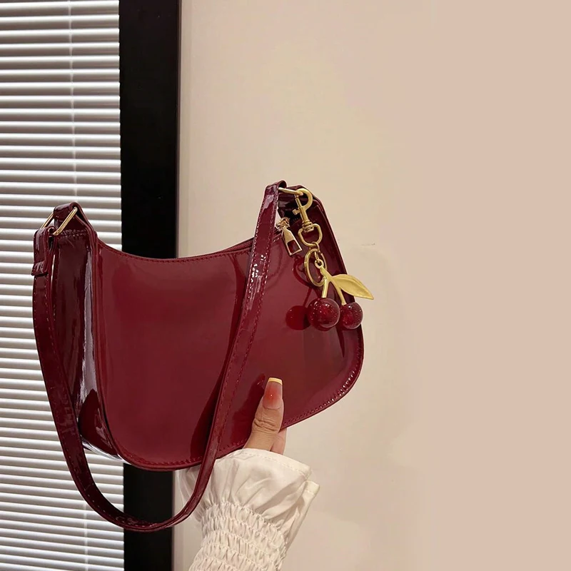 Women's PU Leather Handbag Versatile Fashion Solid Color Cherry Pendant Shoulder Bag Casual Commuting Bag Underarm Bag