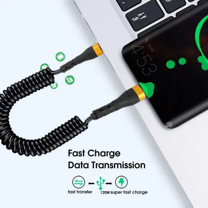 PD 120W Type C To Type C Cable 5A Fast Charge USB C Spring Car Charger Cable For iPhone 15 Series Xiaomi 12 Samsung S23 Macbook