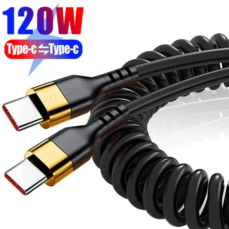 PD 120W Type C To Type C Cable 5A Fast Charge USB C Spring Car Charger Cable For iPhone 15 Series Xiaomi 12 Samsung S23 Macbook
