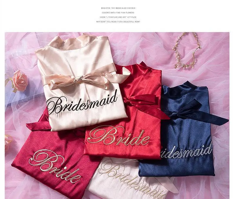 Bride Bridesmaid Wedding Robe Embroidery Kimono Bathrobe Gown Nightgown Casual Satin Short Women Sexy Nightwear Sleepwear