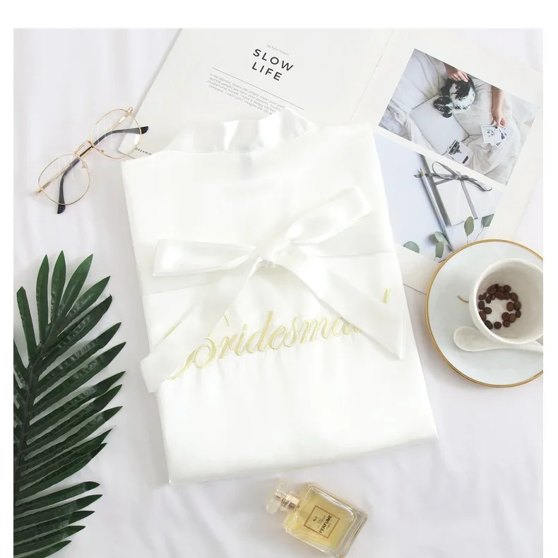 Bride Bridesmaid Wedding Robe Embroidery Kimono Bathrobe Gown Nightgown Casual Satin Short Women Sexy Nightwear Sleepwear