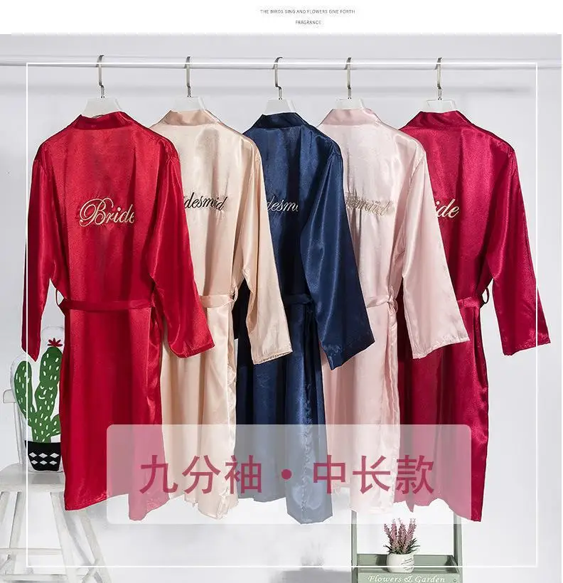 Bride Bridesmaid Wedding Robe Embroidery Kimono Bathrobe Gown Nightgown Casual Satin Short Women Sexy Nightwear Sleepwear