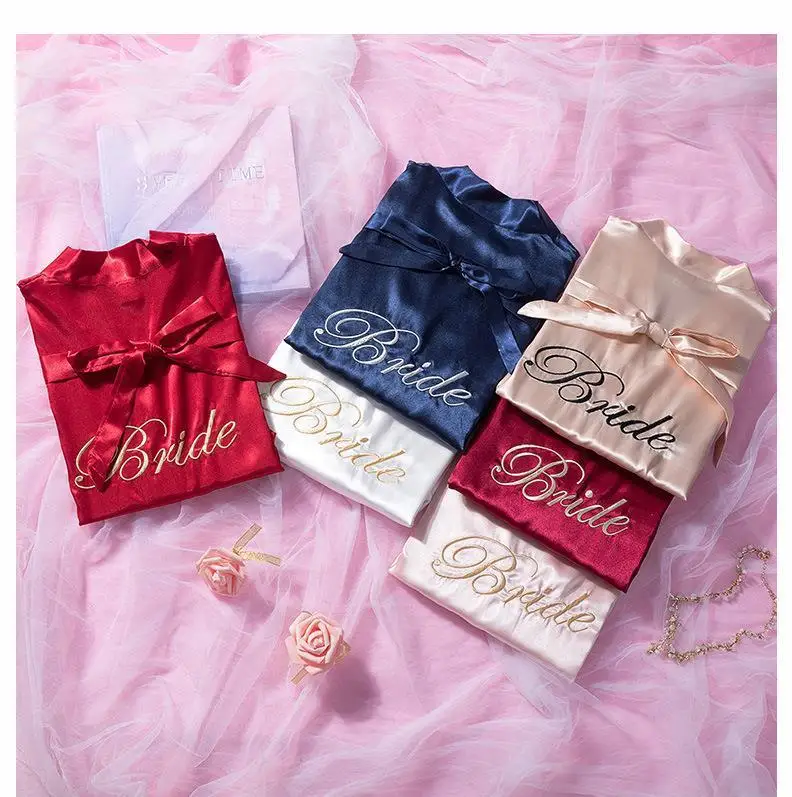 Bride Bridesmaid Wedding Robe Embroidery Kimono Bathrobe Gown Nightgown Casual Satin Short Women Sexy Nightwear Sleepwear