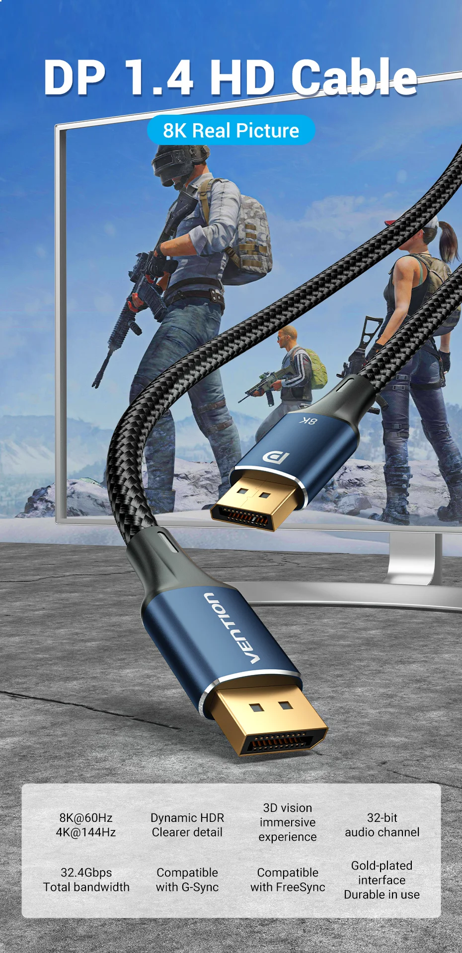 Vention DisplayPort 1.4 Cable 8K 60Hz 4K HDR 165Hz Display Port Audio Cable for Video PC Laptop TV Display Port 1.4 DP Cable 1.2