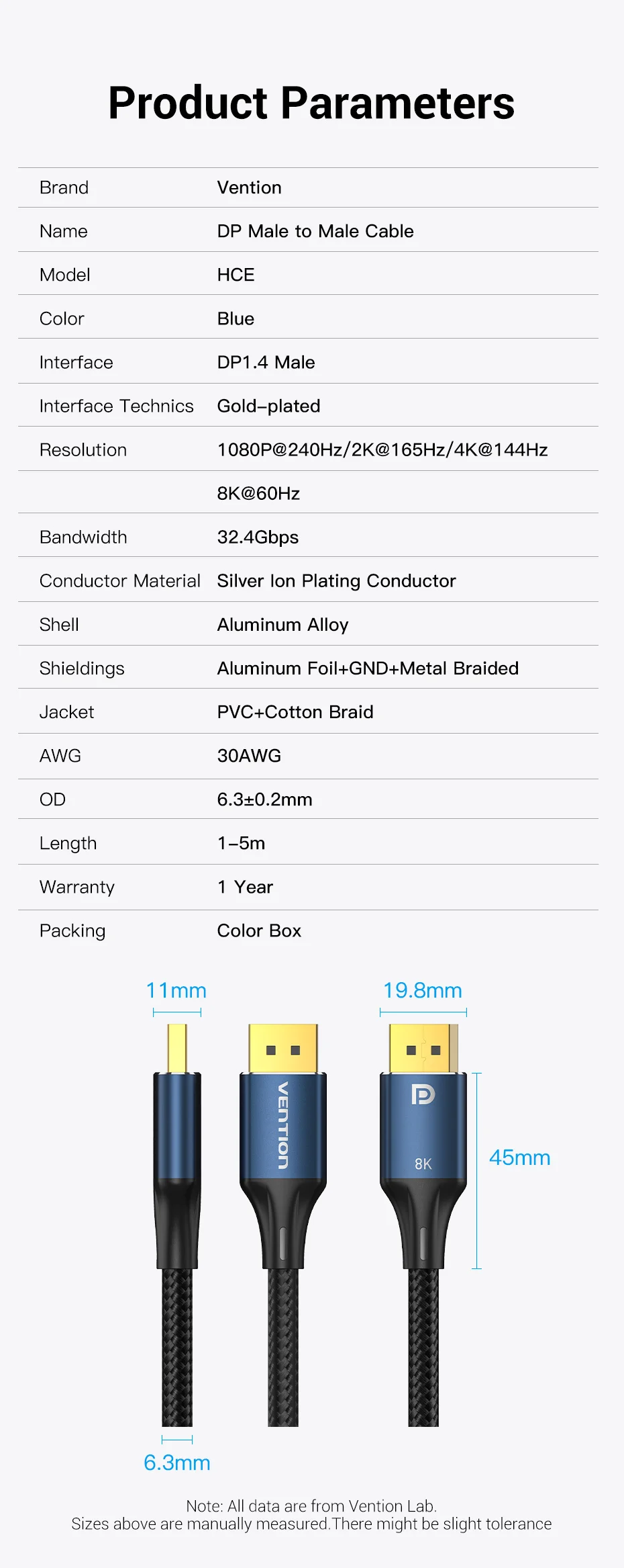 Vention DisplayPort 1.4 Cable 8K 60Hz 4K HDR 165Hz Display Port Audio Cable for Video PC Laptop TV Display Port 1.4 DP Cable 1.2