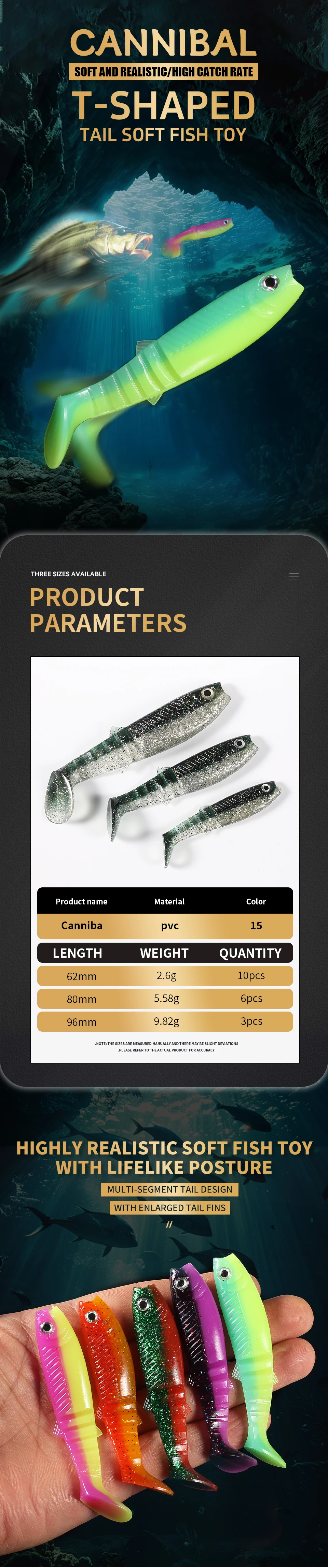 Supercontinent NEW cannibal baits 3D color bicolor smell bait 96mm/80mm/62mm Fishing Fish T Tail