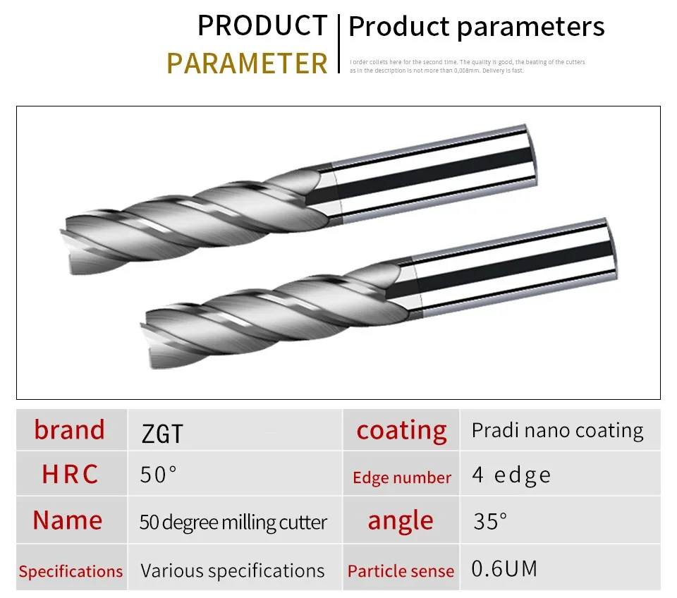 ZGT Endmill Alloy Carbide Tungsten Steel Milling Cutter End Mill HRC50 4 Flute 4mm 6mm 8mm 10mm 12mm 14mm 16mm Metal Cutter Tool