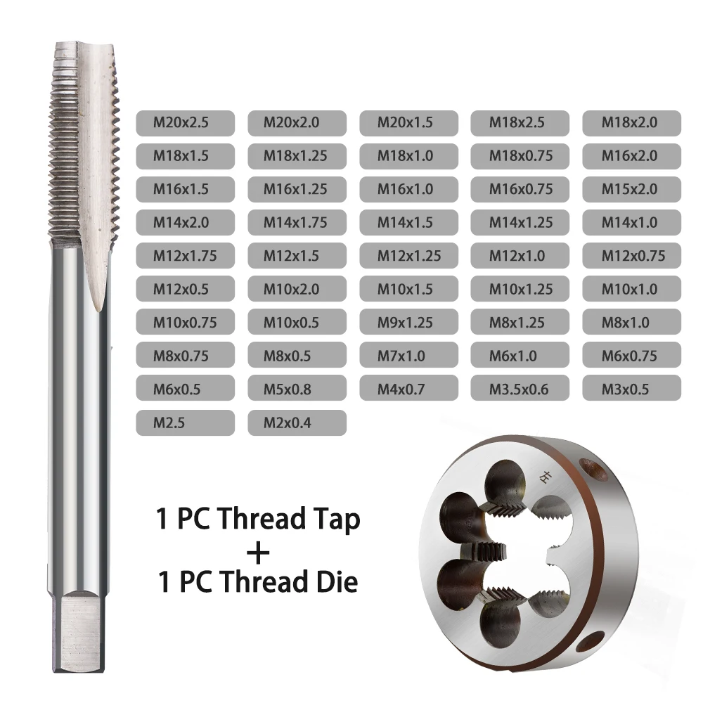 2pcs Left Hand Tap and Die Set HSS Machine Plug Tap Die Metric Taps Screw Thread Tap Drill M3/M6/M8/M10/M12/M14/M16/M18/M20