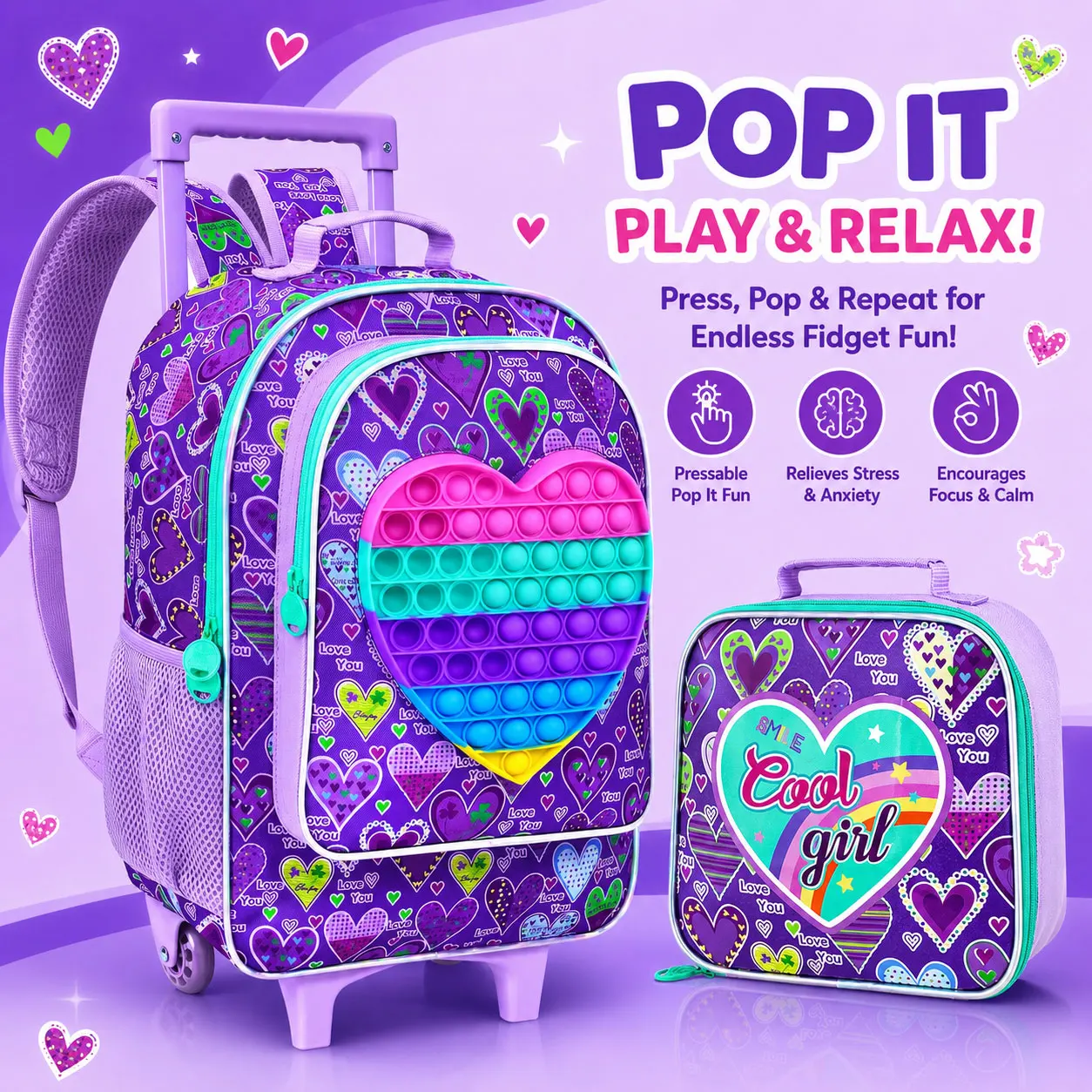 3PCS Rolling Backpack for Girls, Kids Roller Wheels Bookbag, Wheeled School Bag with Lunch Bag - Heart Purple