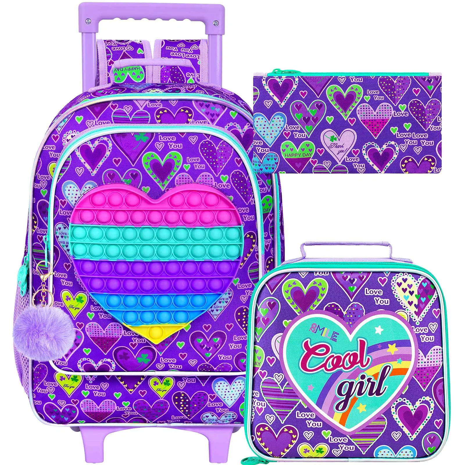 3PCS Rolling Backpack for Girls, Kids Roller Wheels Bookbag, Wheeled School Bag with Lunch Bag - Heart Purple