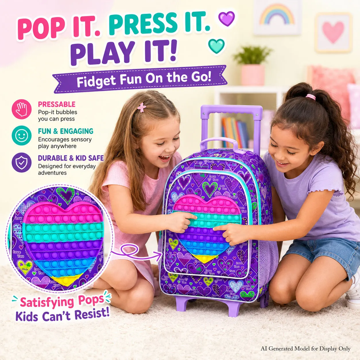 3PCS Rolling Backpack for Girls, Kids Roller Wheels Bookbag, Wheeled School Bag with Lunch Bag - Heart Purple