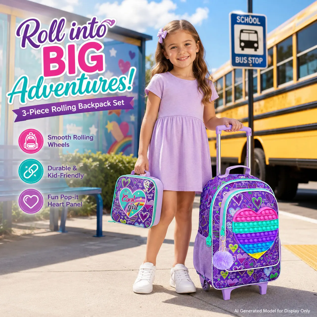 3PCS Rolling Backpack for Girls, Kids Roller Wheels Bookbag, Wheeled School Bag with Lunch Bag - Heart Purple