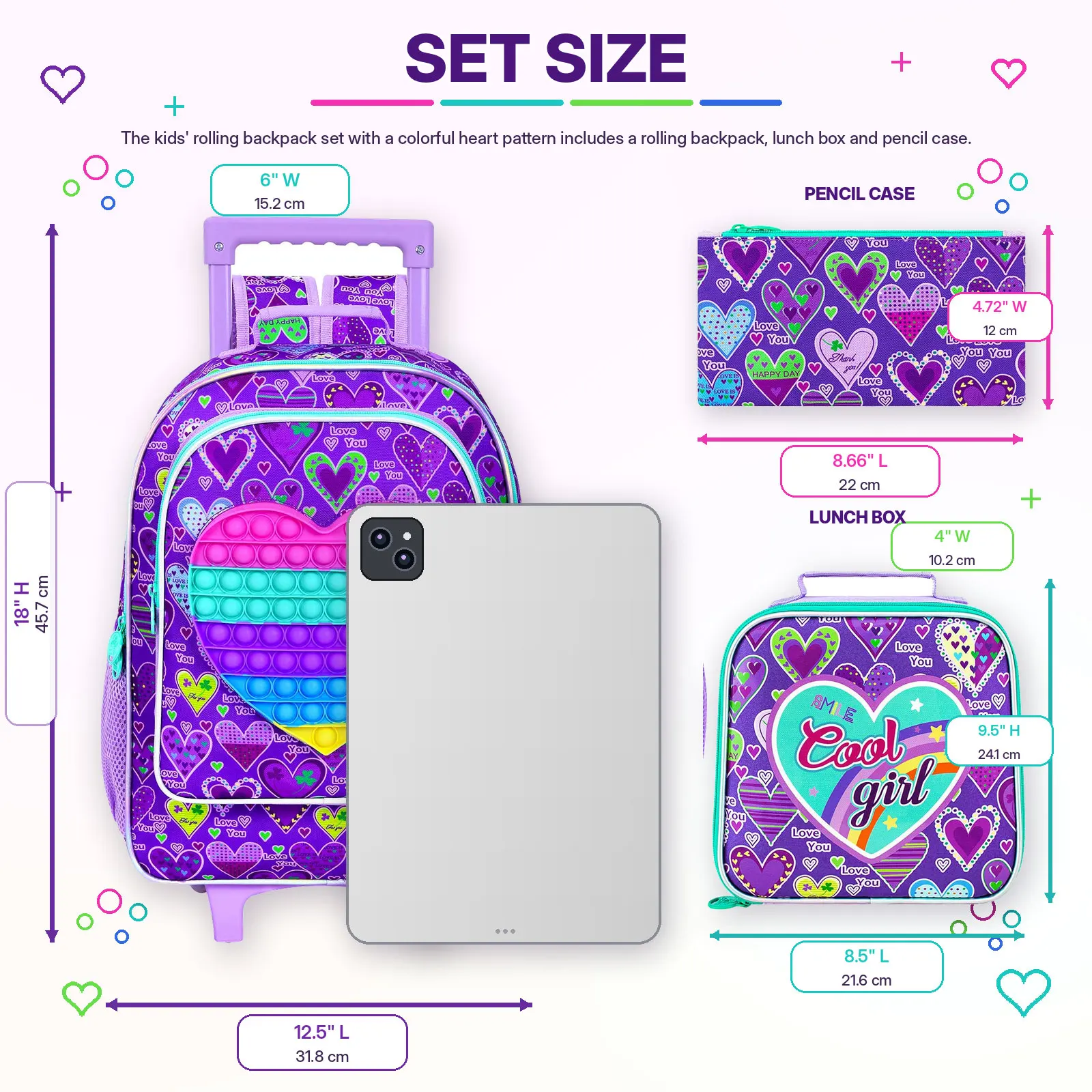 3PCS Rolling Backpack for Girls, Kids Roller Wheels Bookbag, Wheeled School Bag with Lunch Bag - Heart Purple