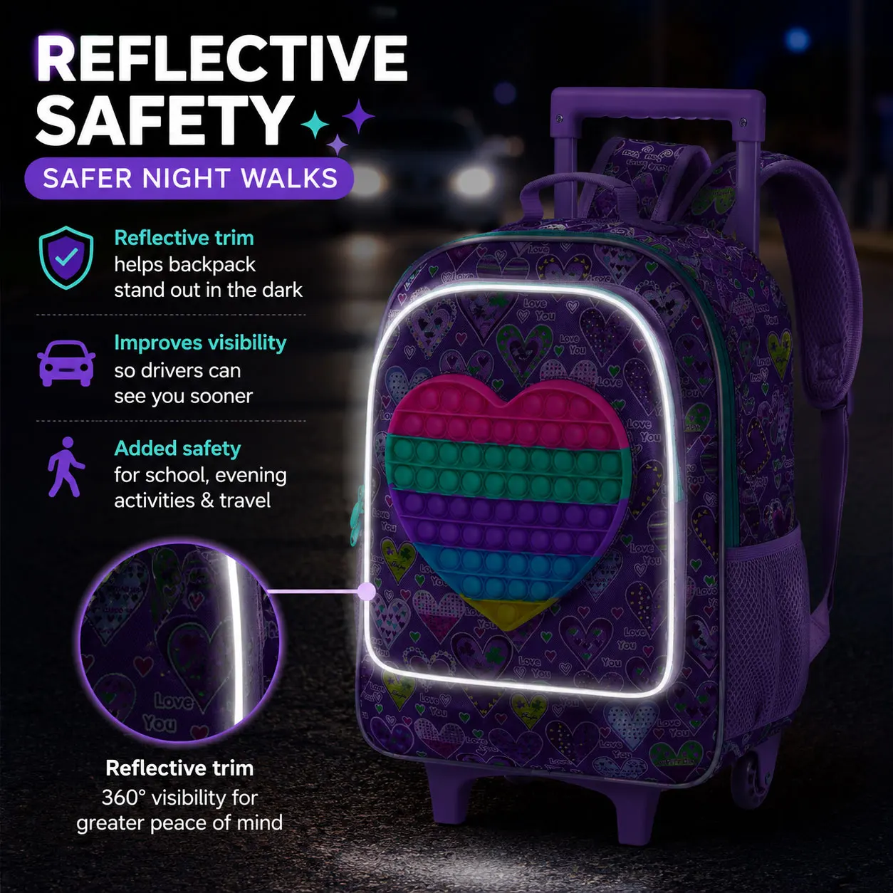 3PCS Rolling Backpack for Girls, Kids Roller Wheels Bookbag, Wheeled School Bag with Lunch Bag - Heart Purple