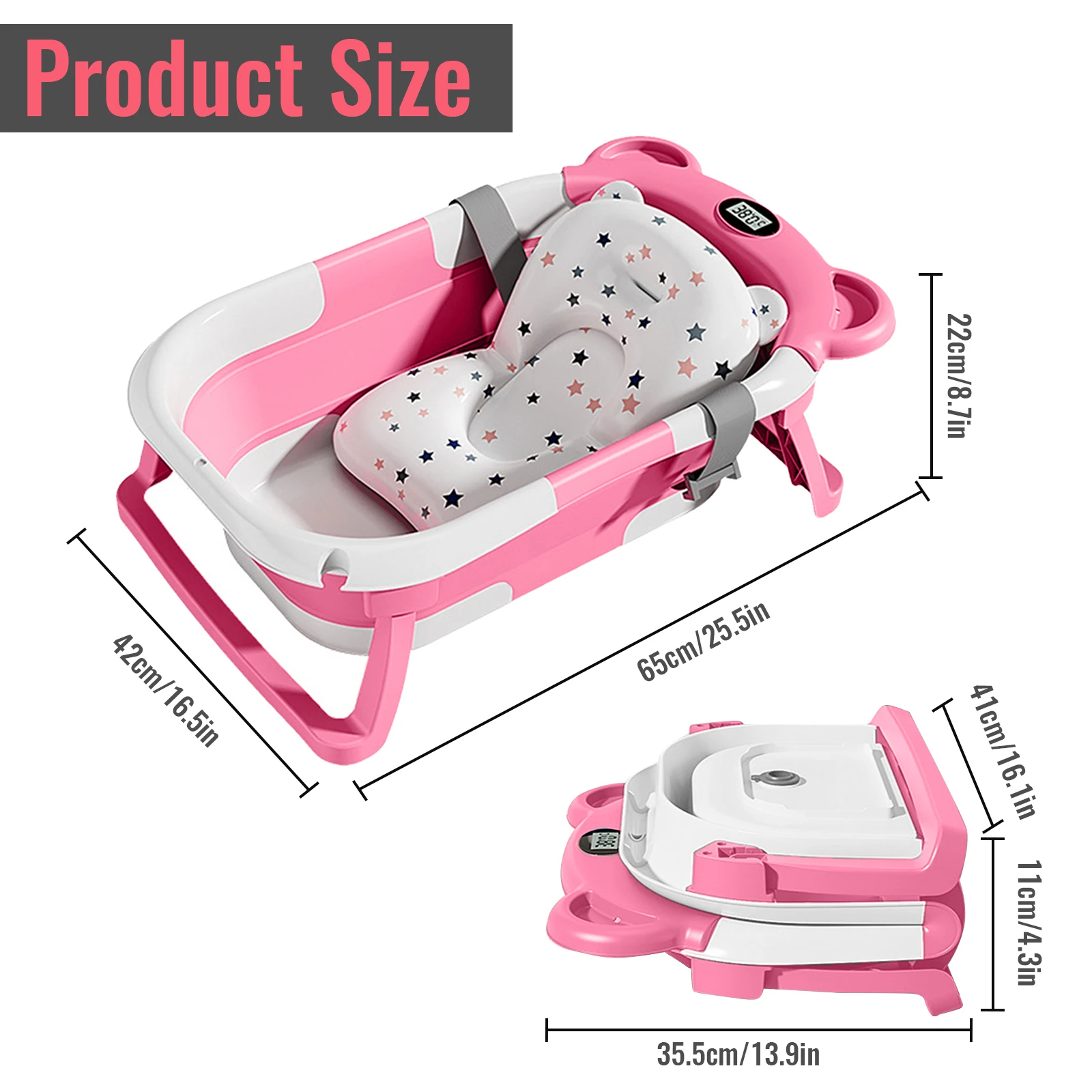 Foldable Baby Bathtub Large Infant Bath Tub with Thermometer Non-Slip Mat for Newborn Toddler Safe Bathing Essentials Gray/Pink