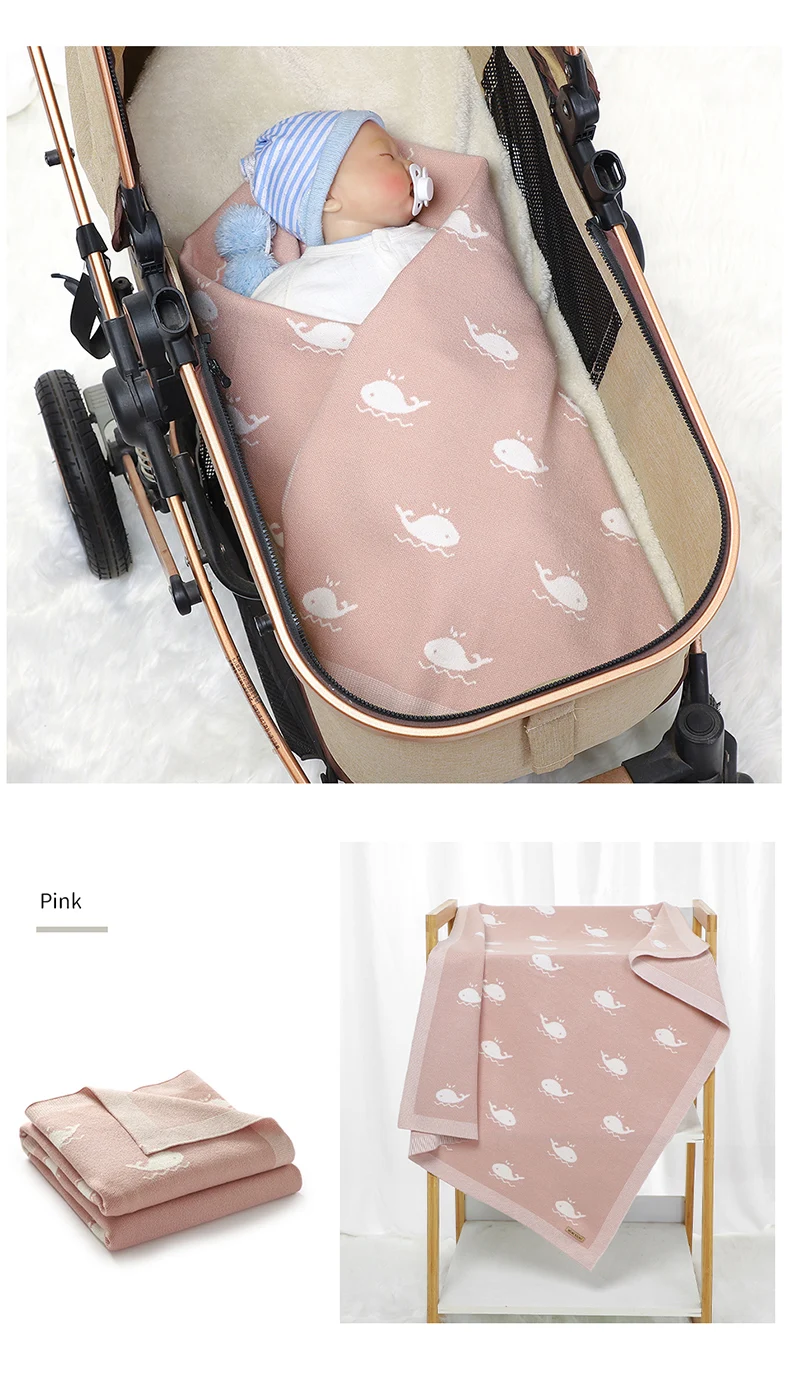 Newborn Baby Blanket 90*70CM Knitted Infant Boy Girl Bedding Quilt Fashion Cute Cartoon Whale Stroller Swaddling Wrap Super Soft