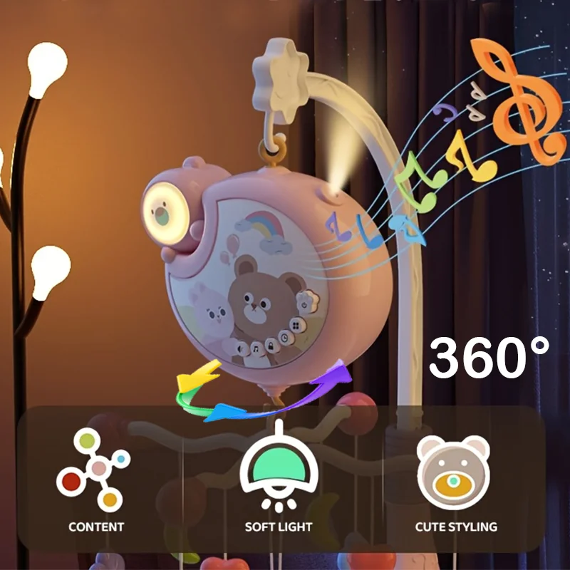 360° Musical Baby Crib Mobile Rotating Night Light Bed Bell Toy Four Speed Timming Hanging Infant Newborn Rattle Bedside Gift