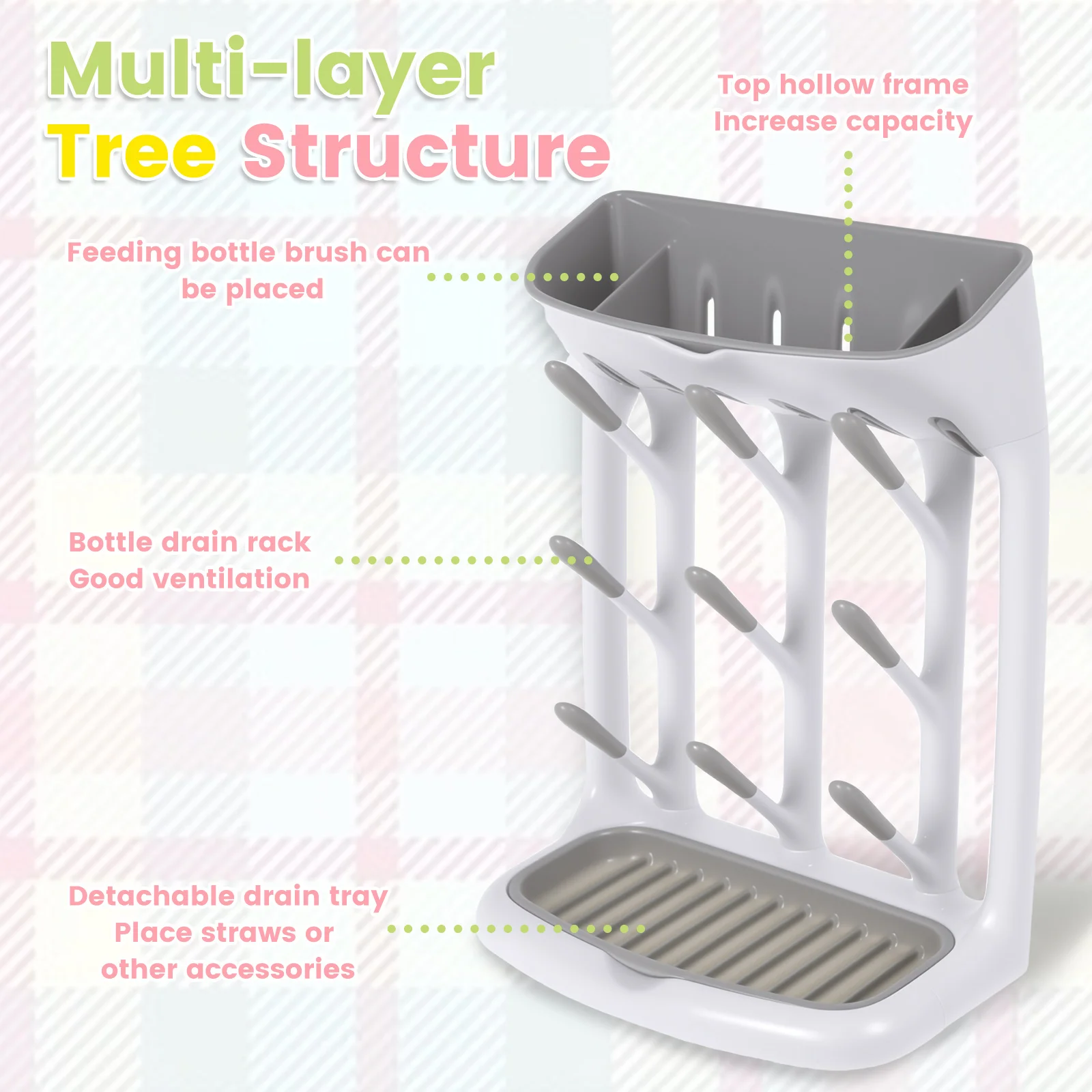 Baby Bottle Drying Rack Space Saving Countertop Holder Detachable Tray Baby Bottles Holder Organizer and Drying