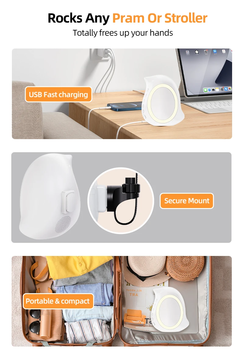 Rechargeable Automatic Pram Rocker Device 1800mAh Battery 5 Level Vibration 3 Timer Modes Portable for Baby Calming and Sleep