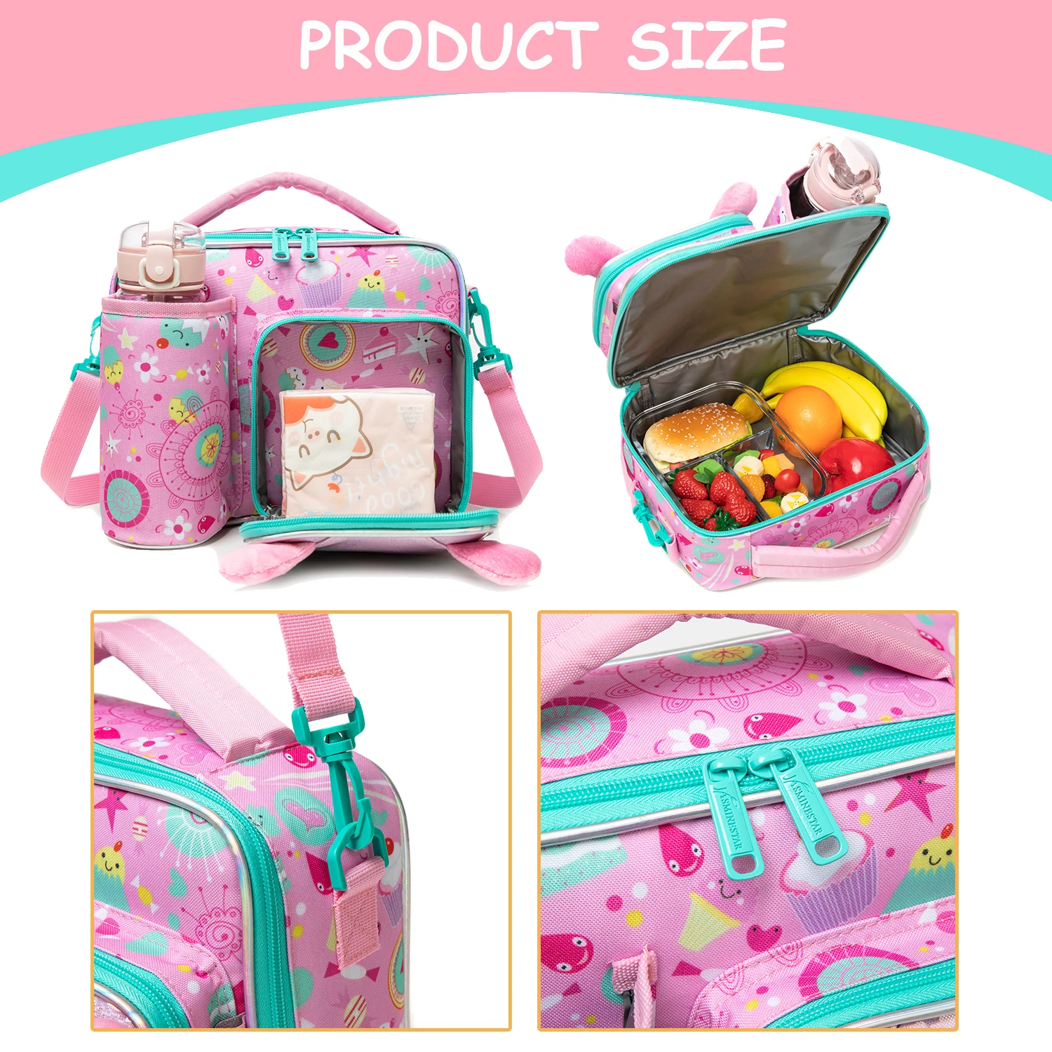 Cute Animal Kids Lunch Box Meal Bag Set Washable Lunch Bag&Reusable Leakproof Bag for School & Nursery It's Beautiful for Girls