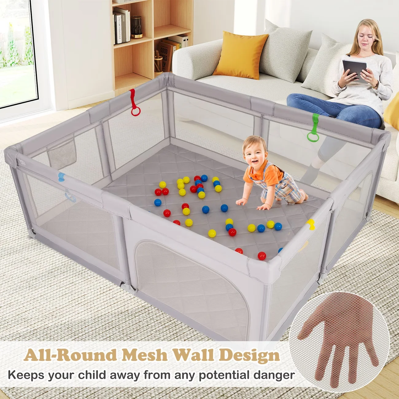 Baby Playpen Kids Activity Center / Large Indoor & Outdoor Baby Fence with Soft Breathable Mesh for Toddlers / Halloween Christmas Gift