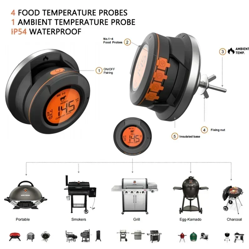 2025 Upgrade Outdoor Digital Wireless Bluetooth Dome Cooking Food Meat Thermometer for BBQ Charcoal Grill and Oven Smoker