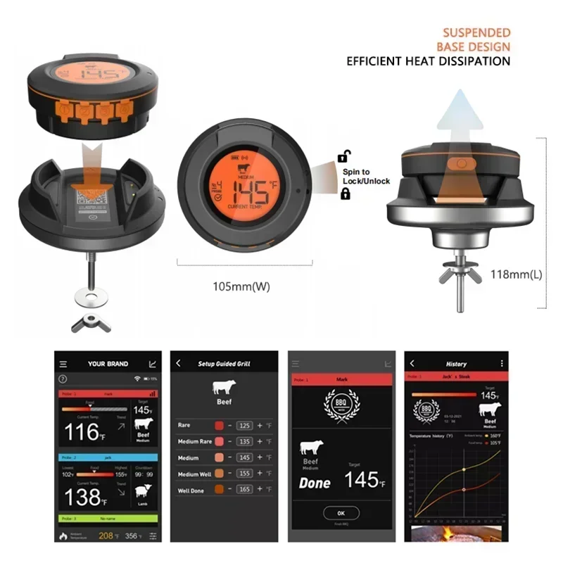 2025 Upgrade Outdoor Digital Wireless Bluetooth Dome Cooking Food Meat Thermometer for BBQ Charcoal Grill and Oven Smoker