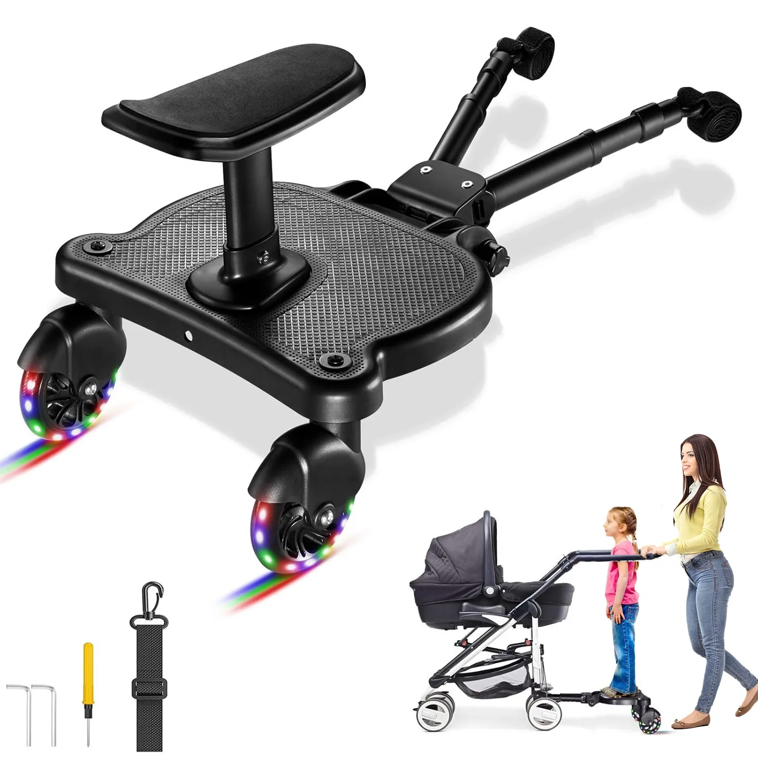 Universal Stroller Board Universal Buggy Board with Seat Strollers Step Board Adapter Outdoor Kiddy Boards with LED Wheels Holds Up 55lbs Kids