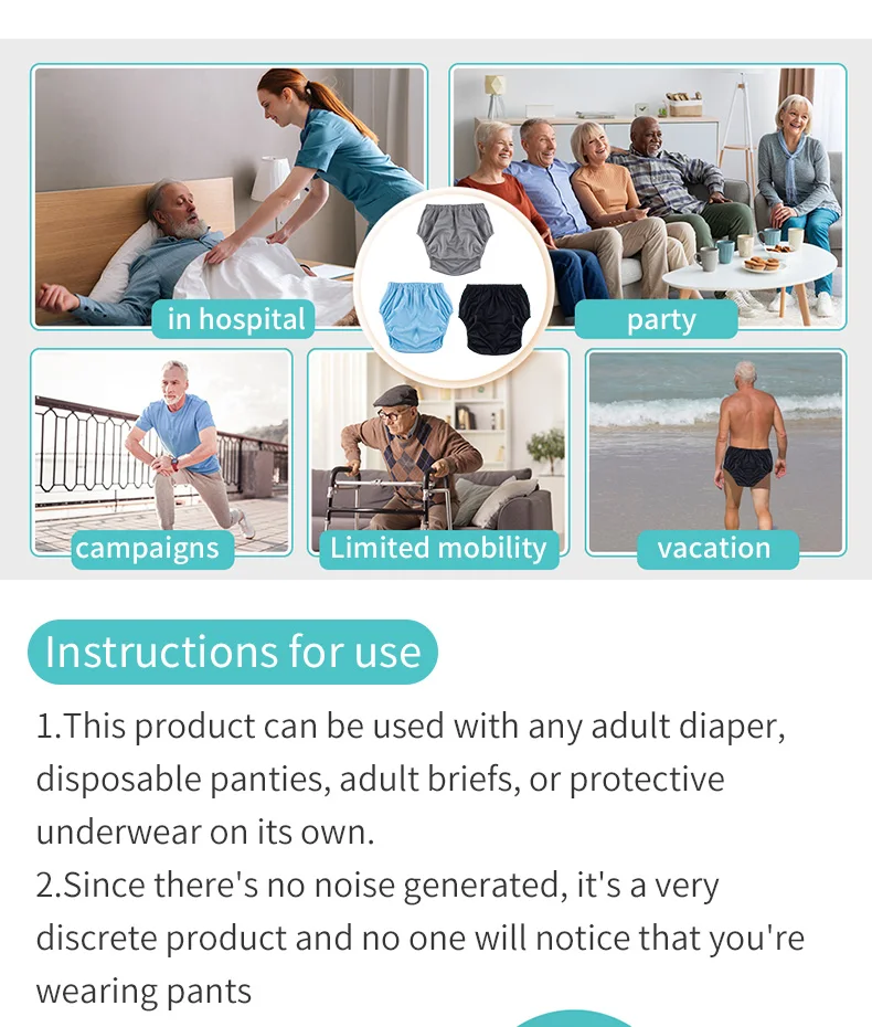 1pc Solid Color Waterproof iaper for Adults Washable Reusable Diaper Care Pants Leak-proof Pants Waterproof Eldly Diaper Cover