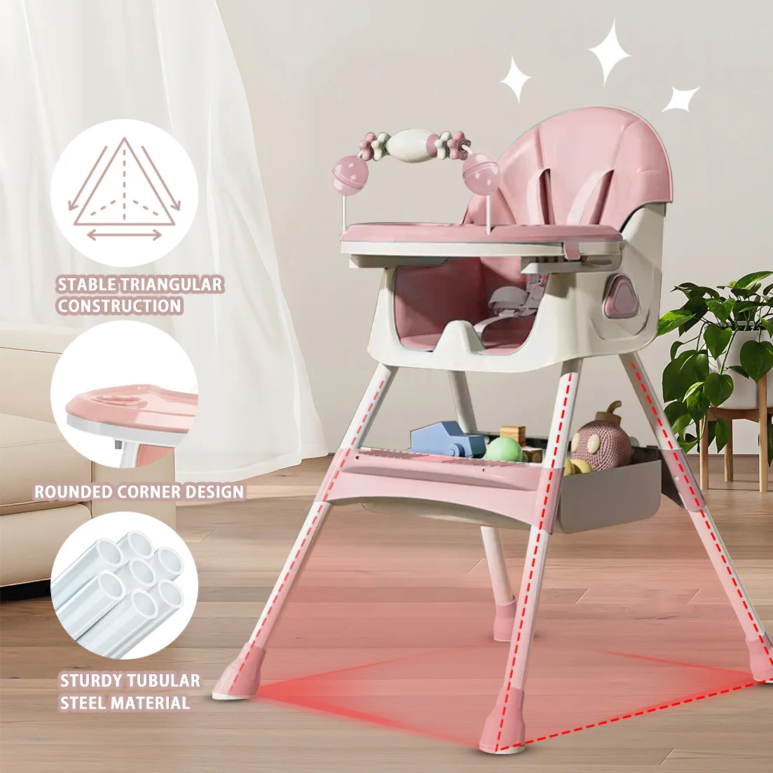 Baby High Chair 3 in 1, Foldable and Adjustable High Chair Babies with Removable Tray, Safety Belt, Footrest and Wheels