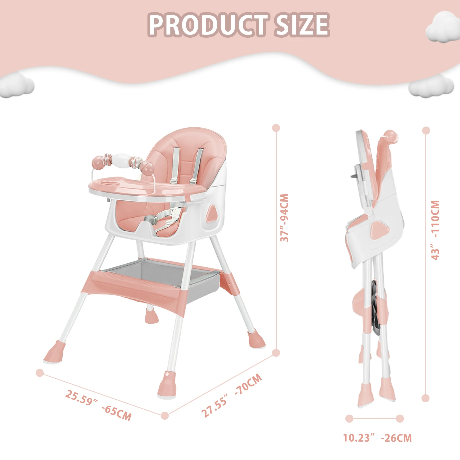 Baby High Chair 3 in 1, Foldable and Adjustable High Chair Babies with Removable Tray, Safety Belt, Footrest and Wheels