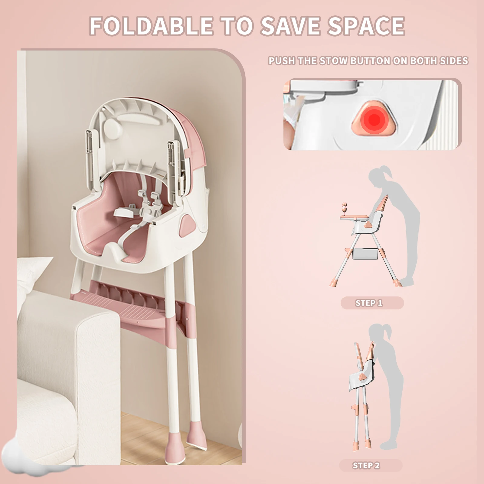 Baby High Chair 3 in 1, Foldable and Adjustable High Chair Babies with Removable Tray, Safety Belt, Footrest and Wheels
