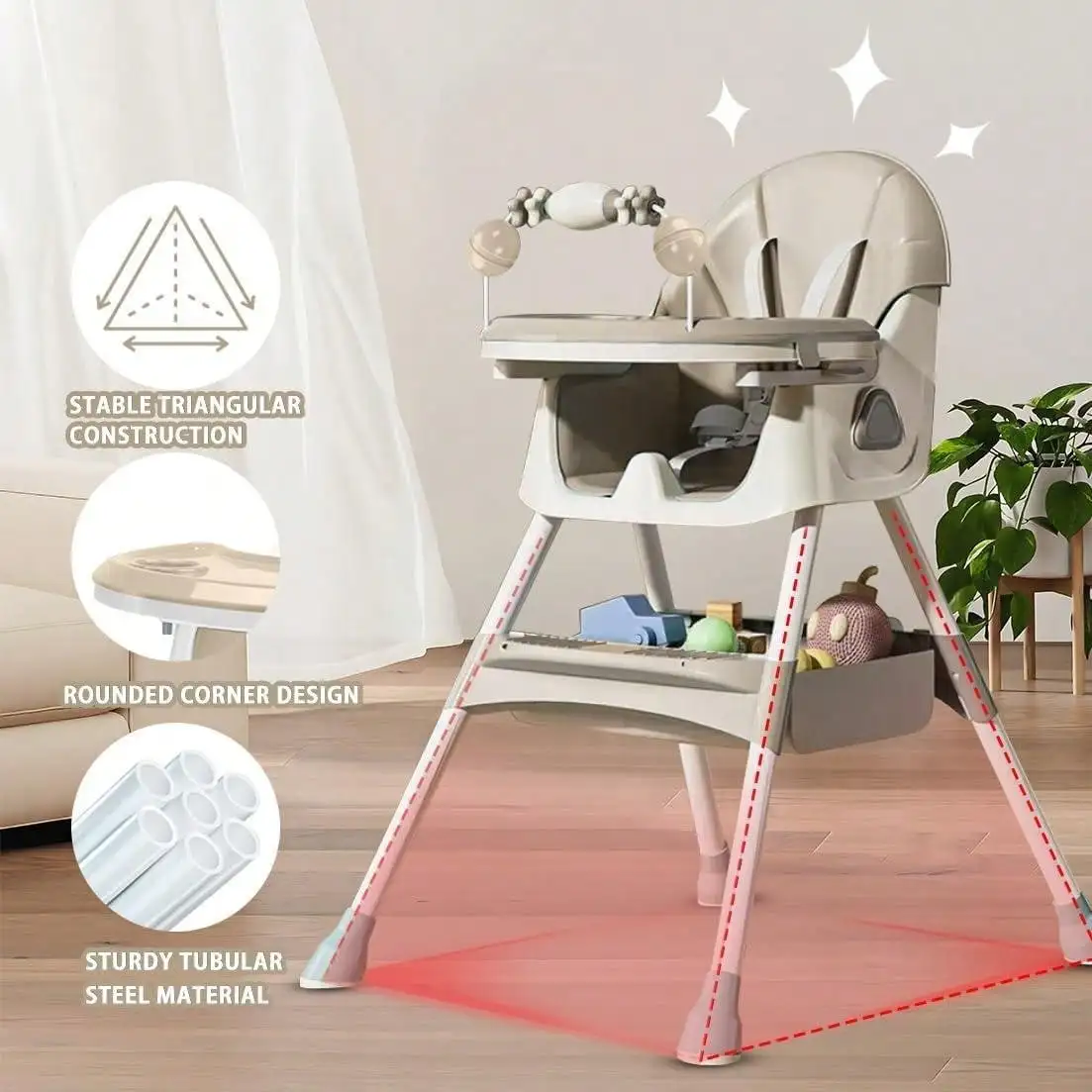 Baby High Chair 3 in 1, Foldable and Adjustable High Chair Babies with Removable Tray, Safety Belt, Footrest and Wheels