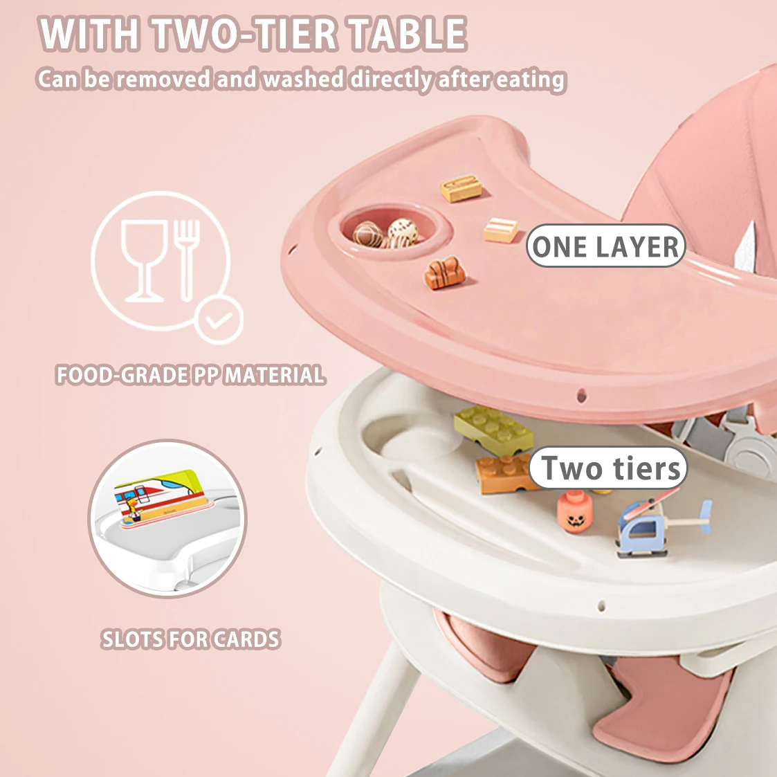 Baby High Chair 3 in 1, Foldable and Adjustable High Chair Babies with Removable Tray, Safety Belt, Footrest and Wheels