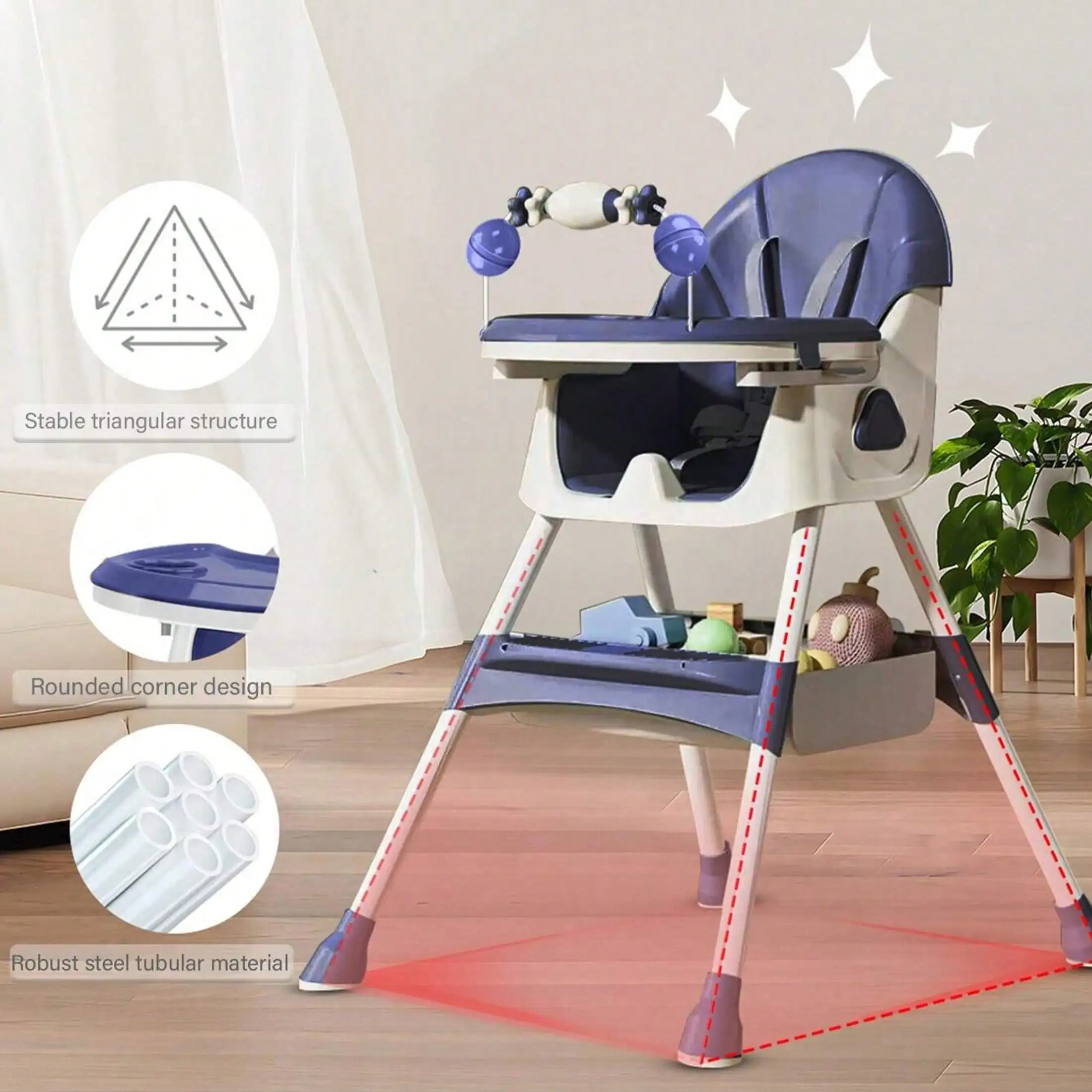 Baby High Chair 3 in 1, Foldable and Adjustable High Chair Babies with Removable Tray, Safety Belt, Footrest and Wheels