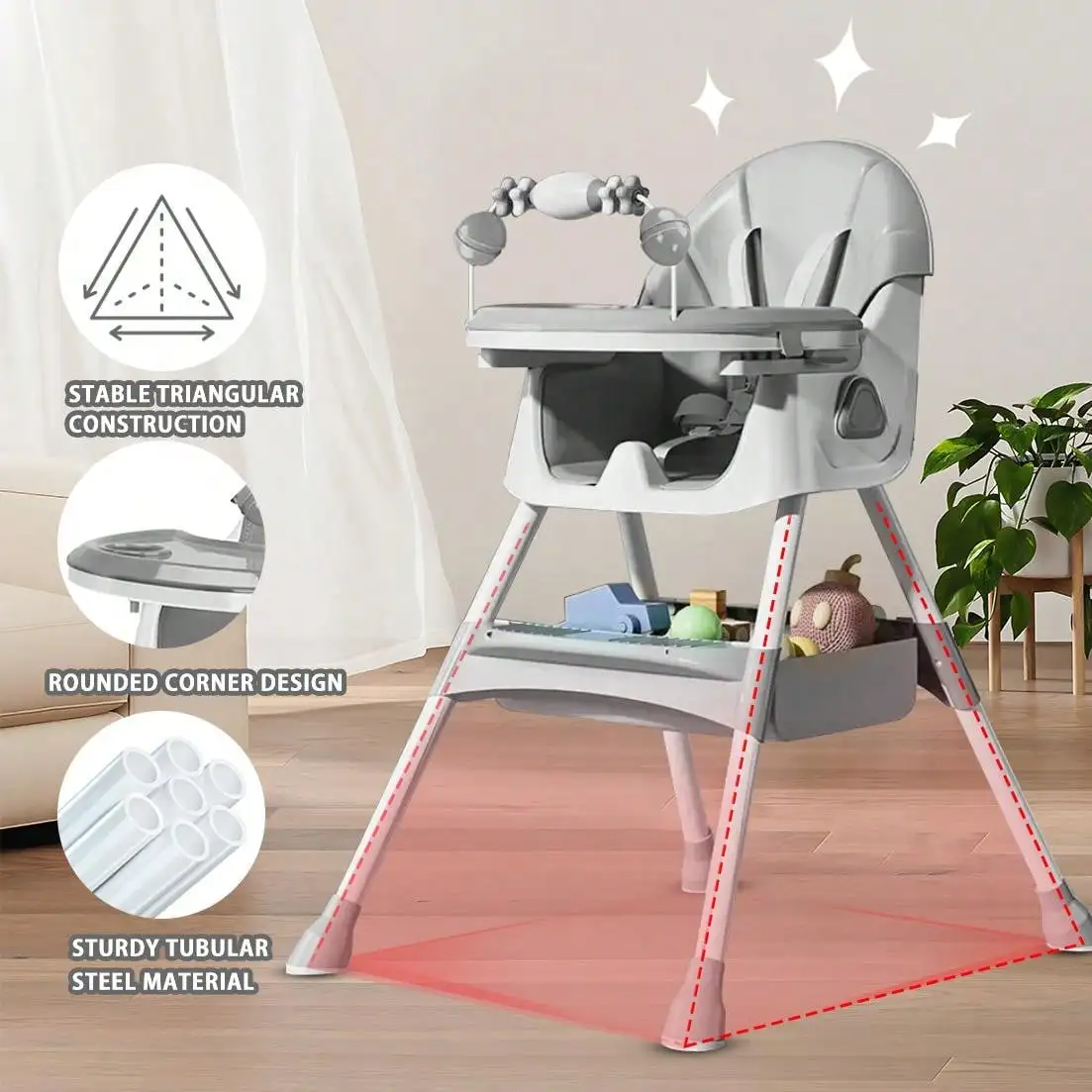 Baby High Chair 3 in 1, Foldable and Adjustable High Chair Babies with Removable Tray, Safety Belt, Footrest and Wheels
