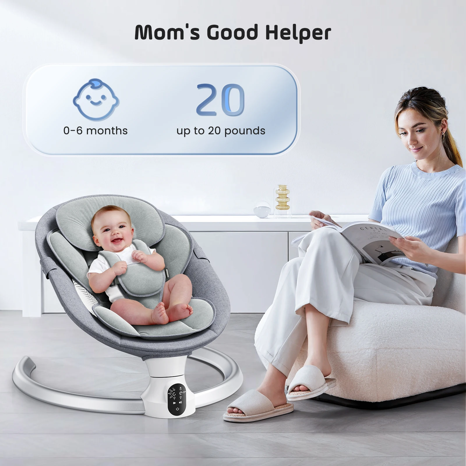 Electric Baby Swing Baby Rocker, APP and Remote Baby Scale From Birth to 9kg, 5-Point Harness Improved Baby Scale with 3 Timers