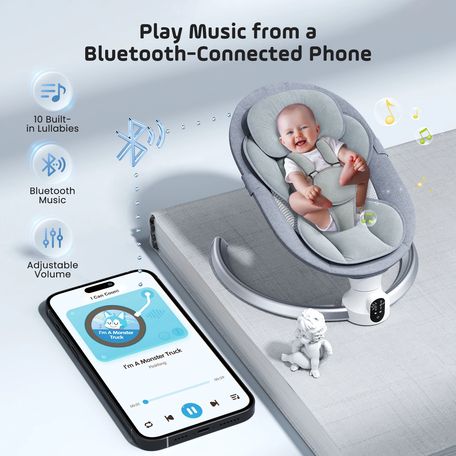 Electric Baby Swing Baby Rocker, APP and Remote Baby Scale From Birth to 9kg, 5-Point Harness Improved Baby Scale with 3 Timers